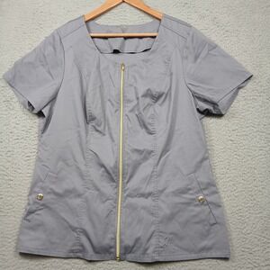 Jaanuu Women's Scrub Top 1X Gray Gold Zip Front Short Sleeve Medical Uniform‎